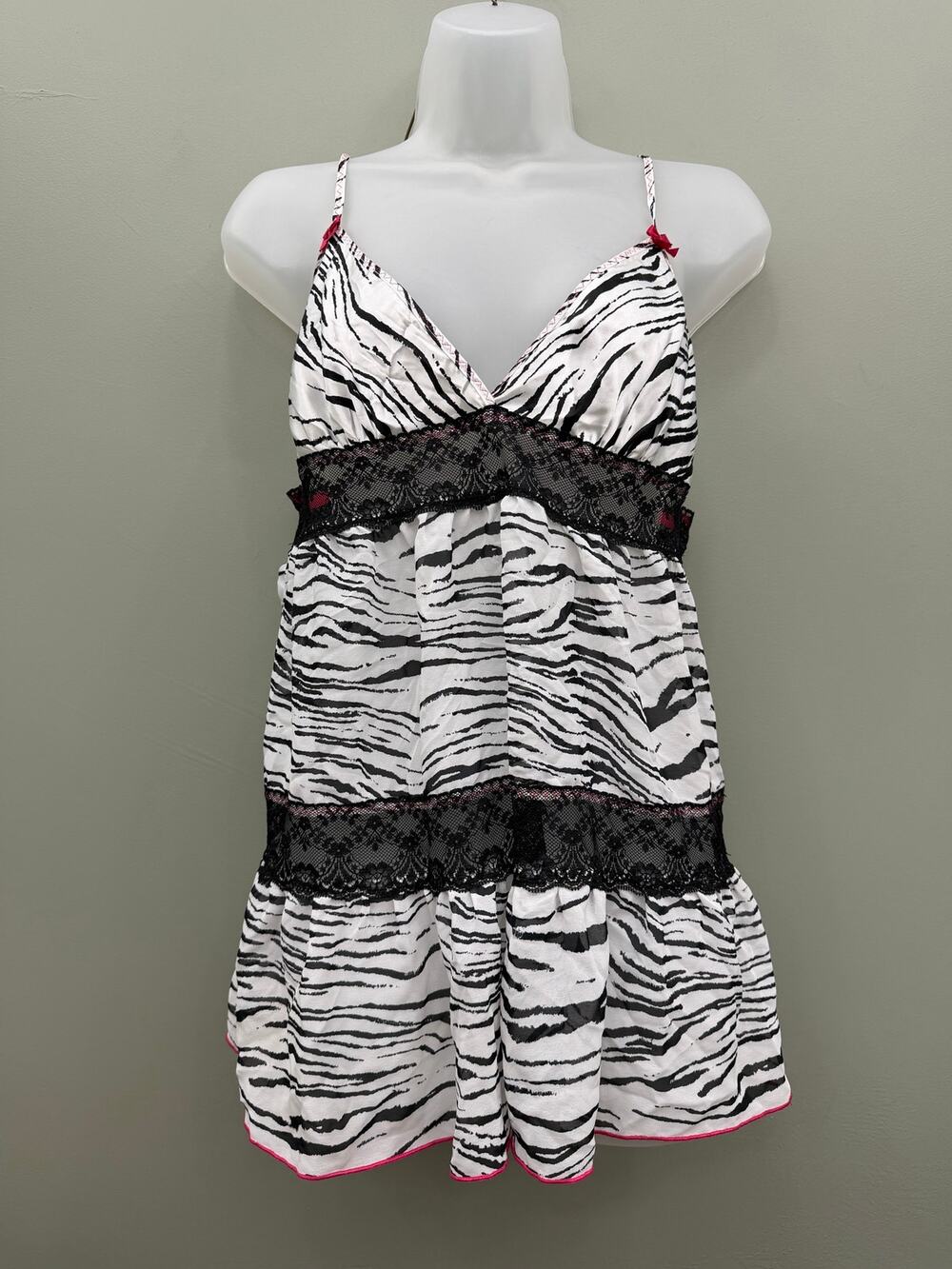 Y2K Zebra Babydoll Cami Top Black Lace Pink Bows McBling Lingerie